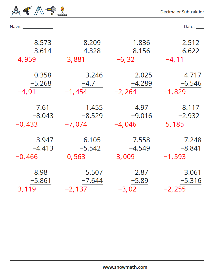 (25) Decimaler Subtraktion (3 cifre) Matematiske regneark 16 Spørgsmål, svar