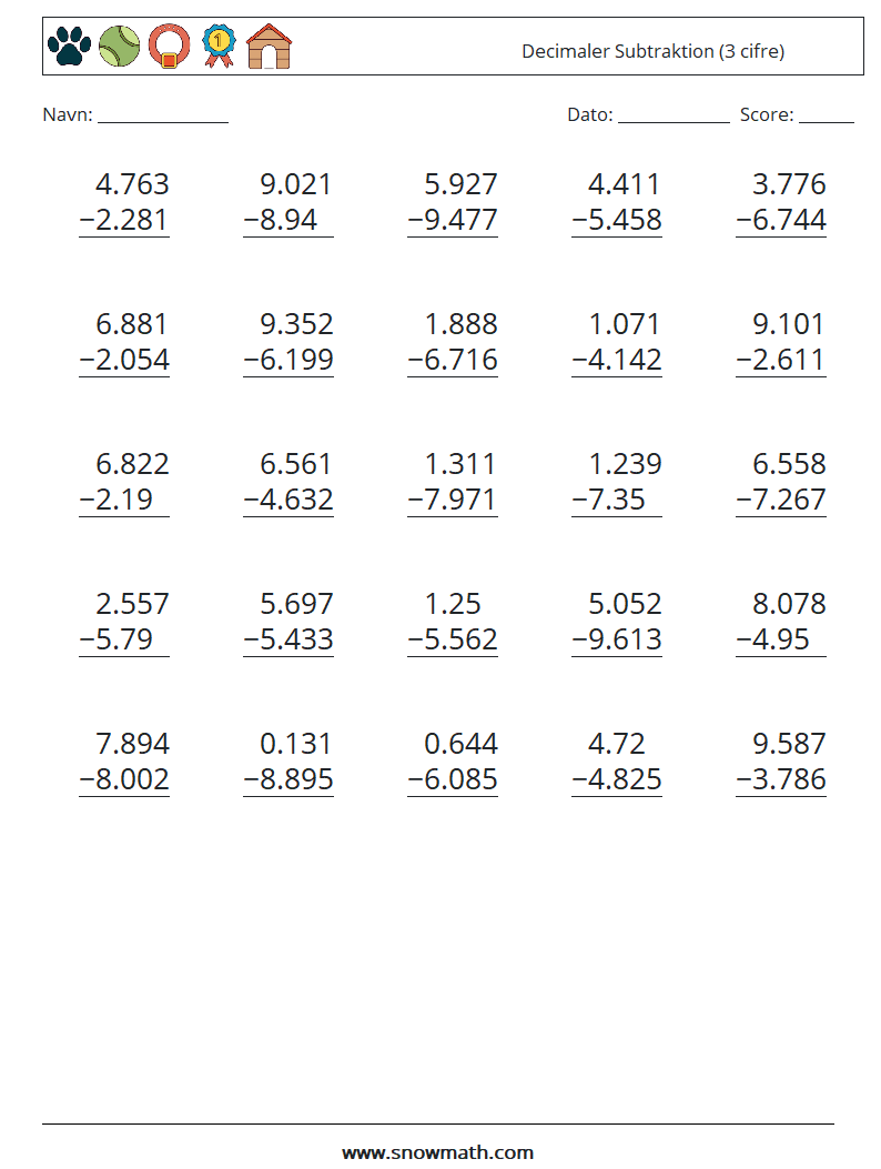 (25) Decimaler Subtraktion (3 cifre) Matematiske regneark 17