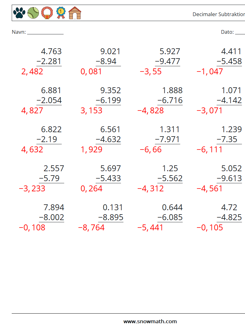 (25) Decimaler Subtraktion (3 cifre) Matematiske regneark 17 Spørgsmål, svar