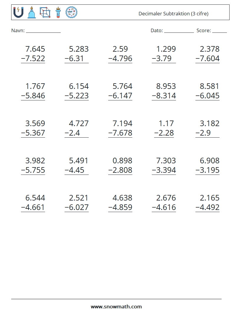 (25) Decimaler Subtraktion (3 cifre) Matematiske regneark 18