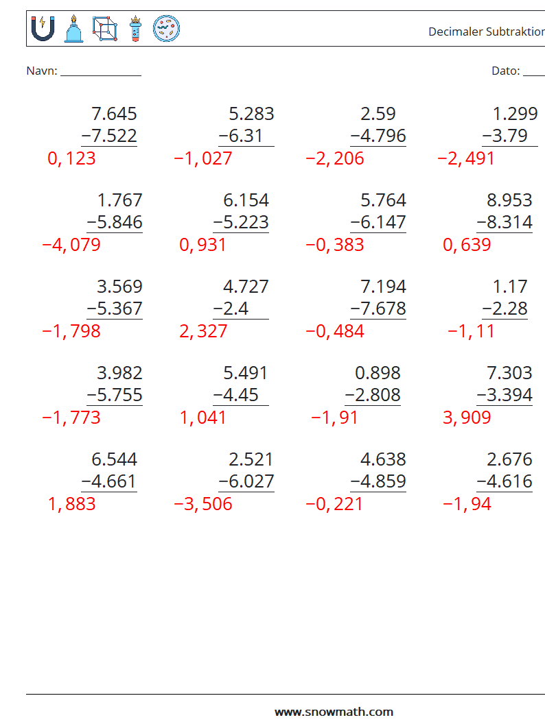 (25) Decimaler Subtraktion (3 cifre) Matematiske regneark 18 Spørgsmål, svar