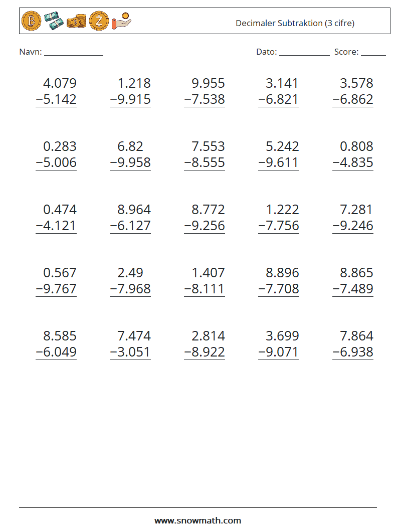(25) Decimaler Subtraktion (3 cifre) Matematiske regneark 2