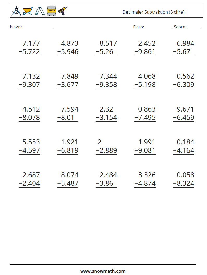 (25) Decimaler Subtraktion (3 cifre) Matematiske regneark 3