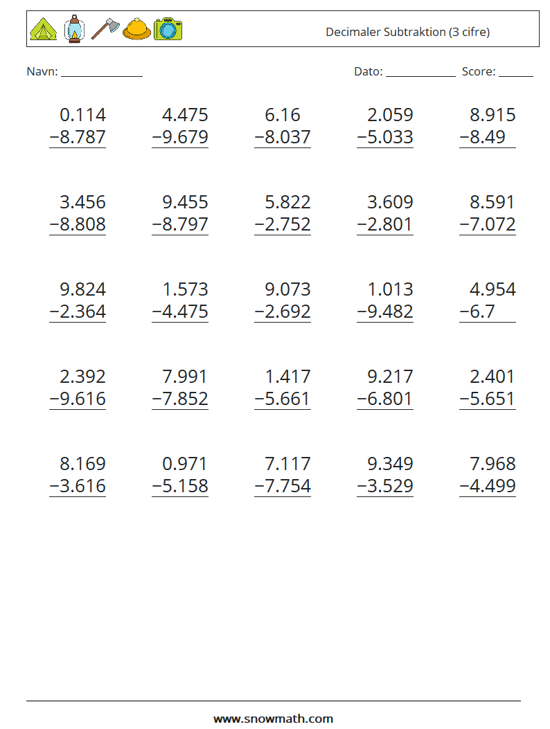 (25) Decimaler Subtraktion (3 cifre) Matematiske regneark 4