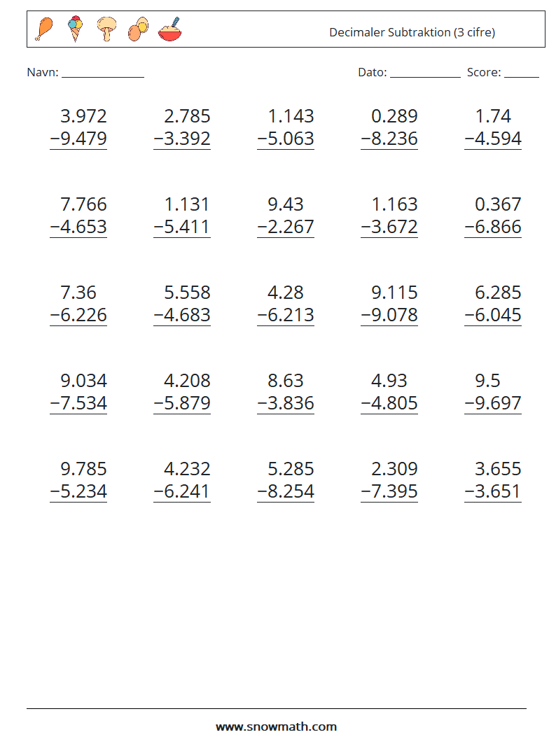 (25) Decimaler Subtraktion (3 cifre) Matematiske regneark 5