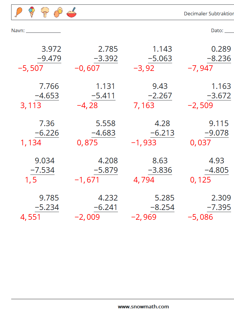 (25) Decimaler Subtraktion (3 cifre) Matematiske regneark 5 Spørgsmål, svar
