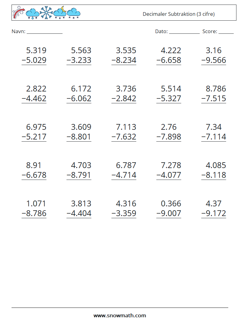 (25) Decimaler Subtraktion (3 cifre) Matematiske regneark 6