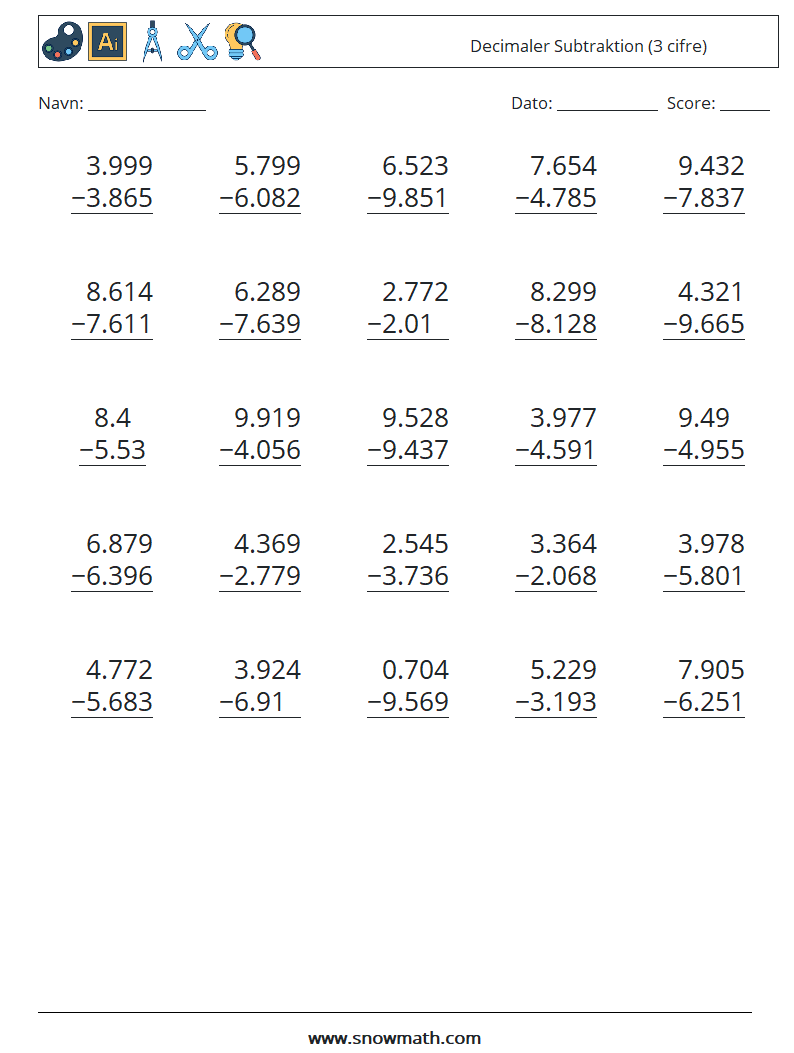 (25) Decimaler Subtraktion (3 cifre) Matematiske regneark 7