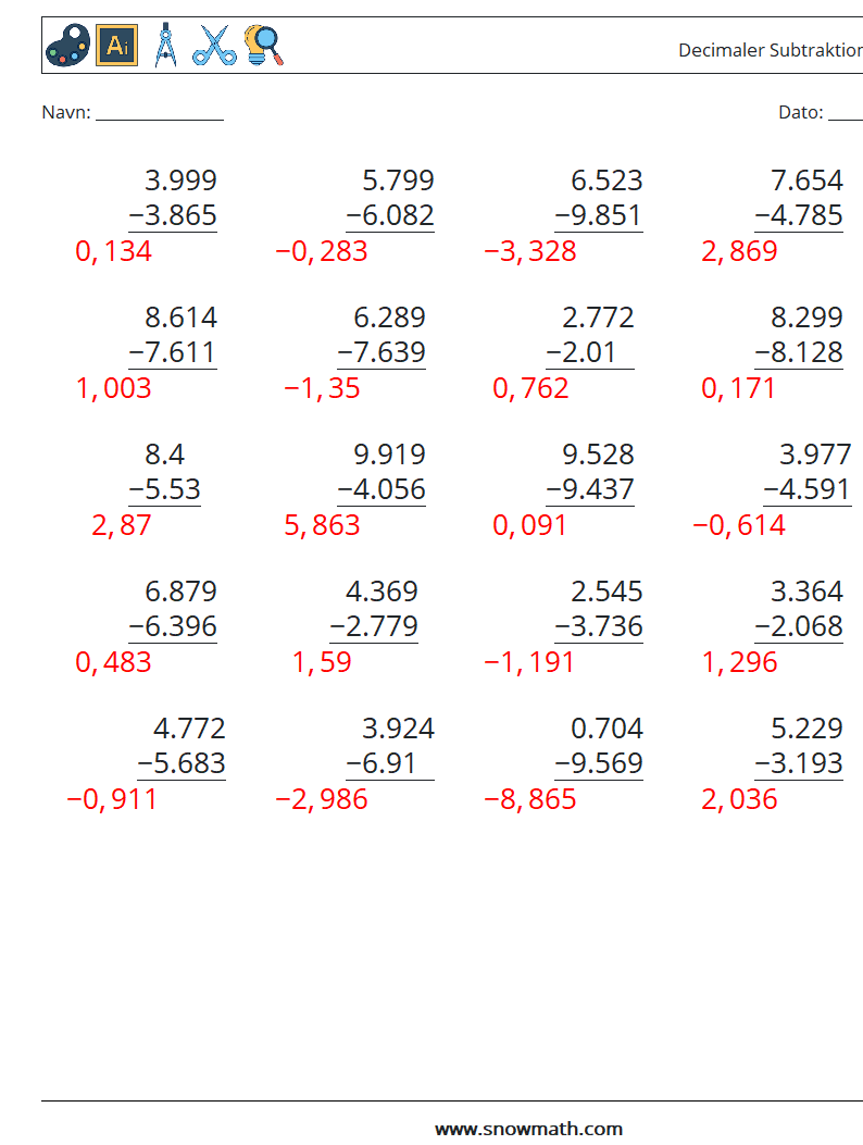 (25) Decimaler Subtraktion (3 cifre) Matematiske regneark 7 Spørgsmål, svar