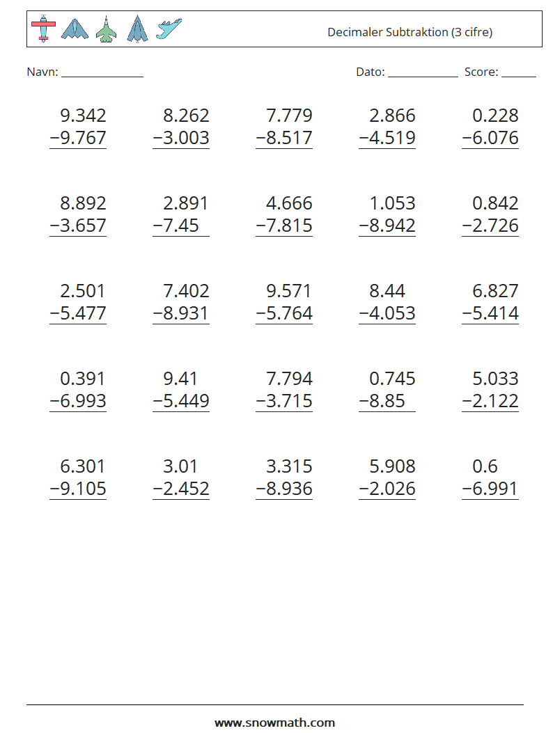(25) Decimaler Subtraktion (3 cifre) Matematiske regneark 8