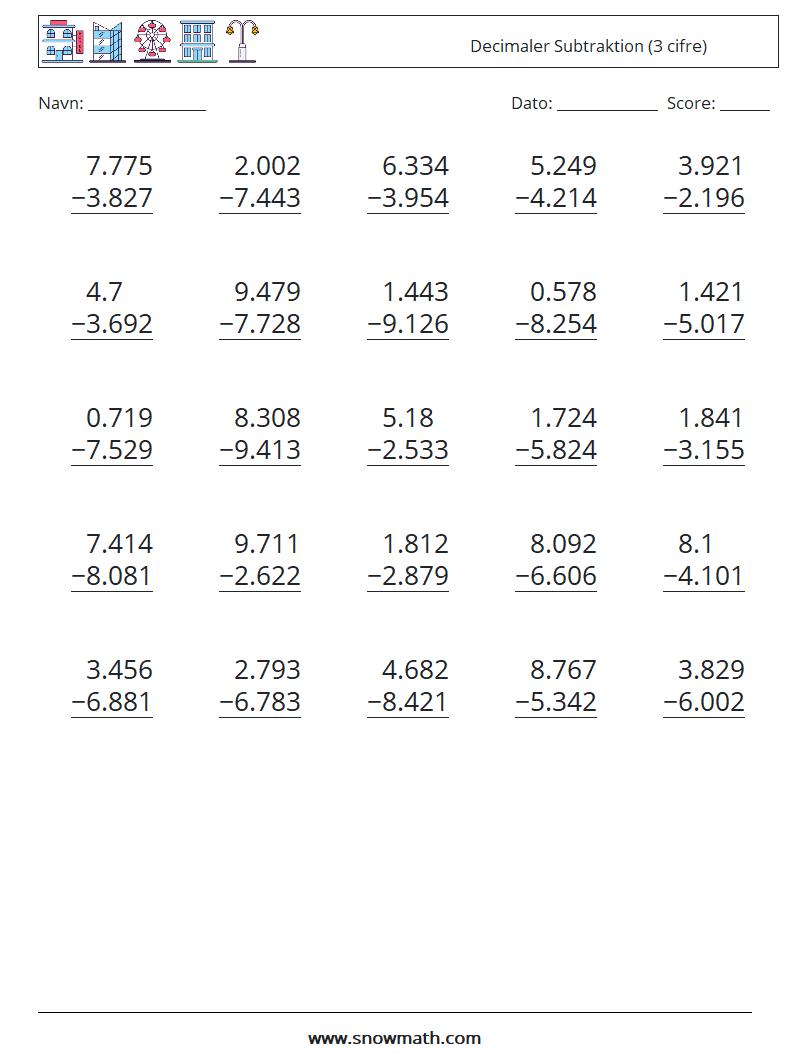 (25) Decimaler Subtraktion (3 cifre) Matematiske regneark 9