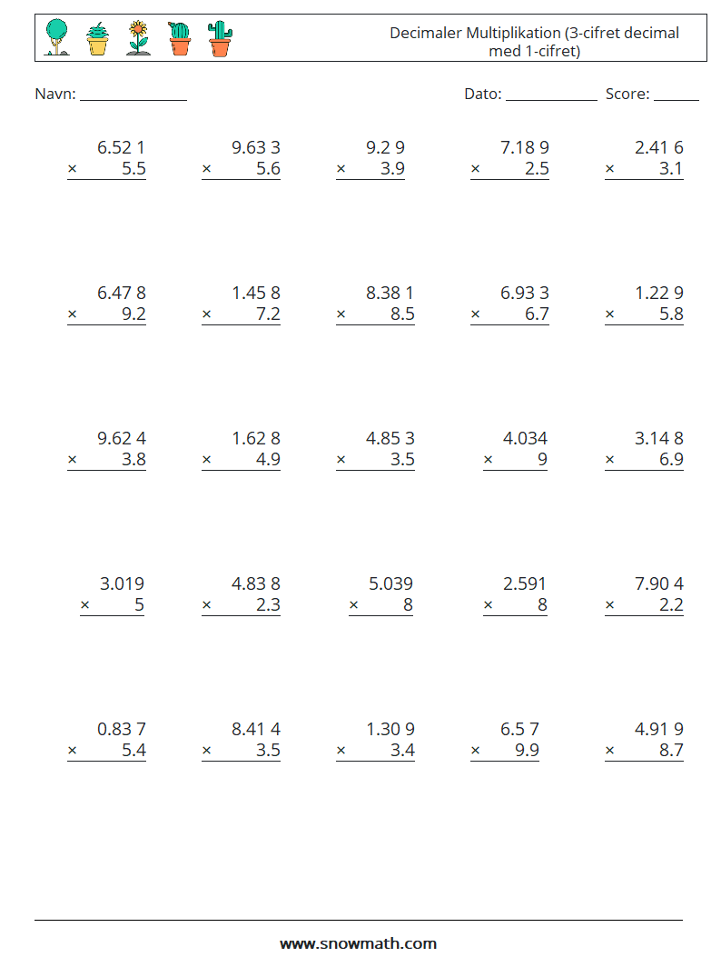 (25) Decimaler Multiplikation (3-cifret decimal med 1-cifret) Matematiske regneark 10