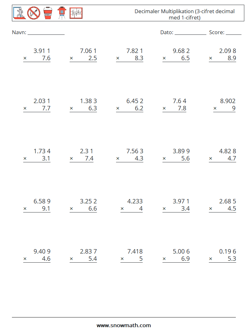 (25) Decimaler Multiplikation (3-cifret decimal med 1-cifret) Matematiske regneark 11