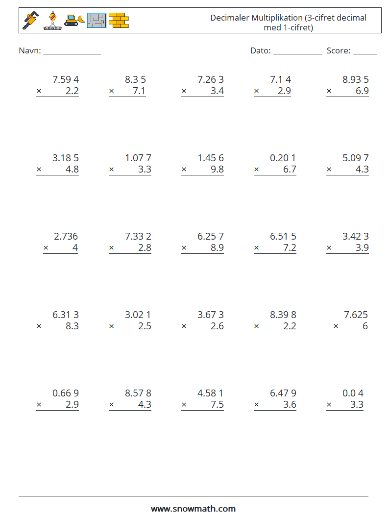 (25) Decimaler Multiplikation (3-cifret decimal med 1-cifret) Matematiske regneark 12