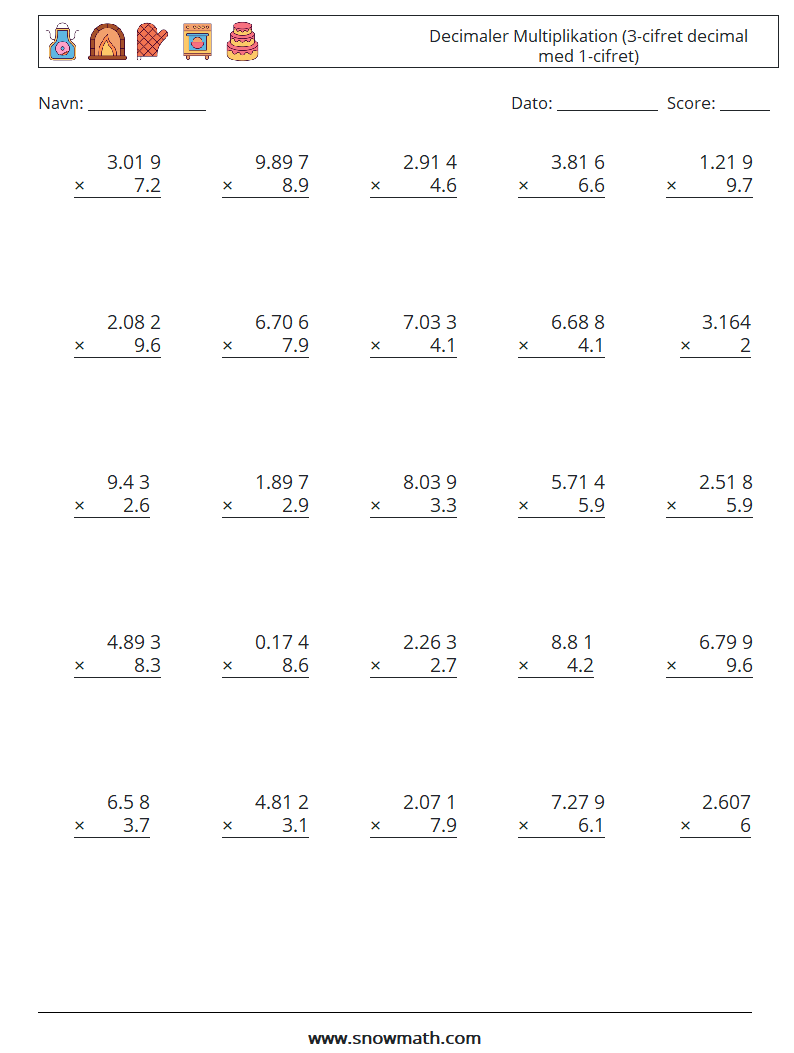 (25) Decimaler Multiplikation (3-cifret decimal med 1-cifret) Matematiske regneark 13