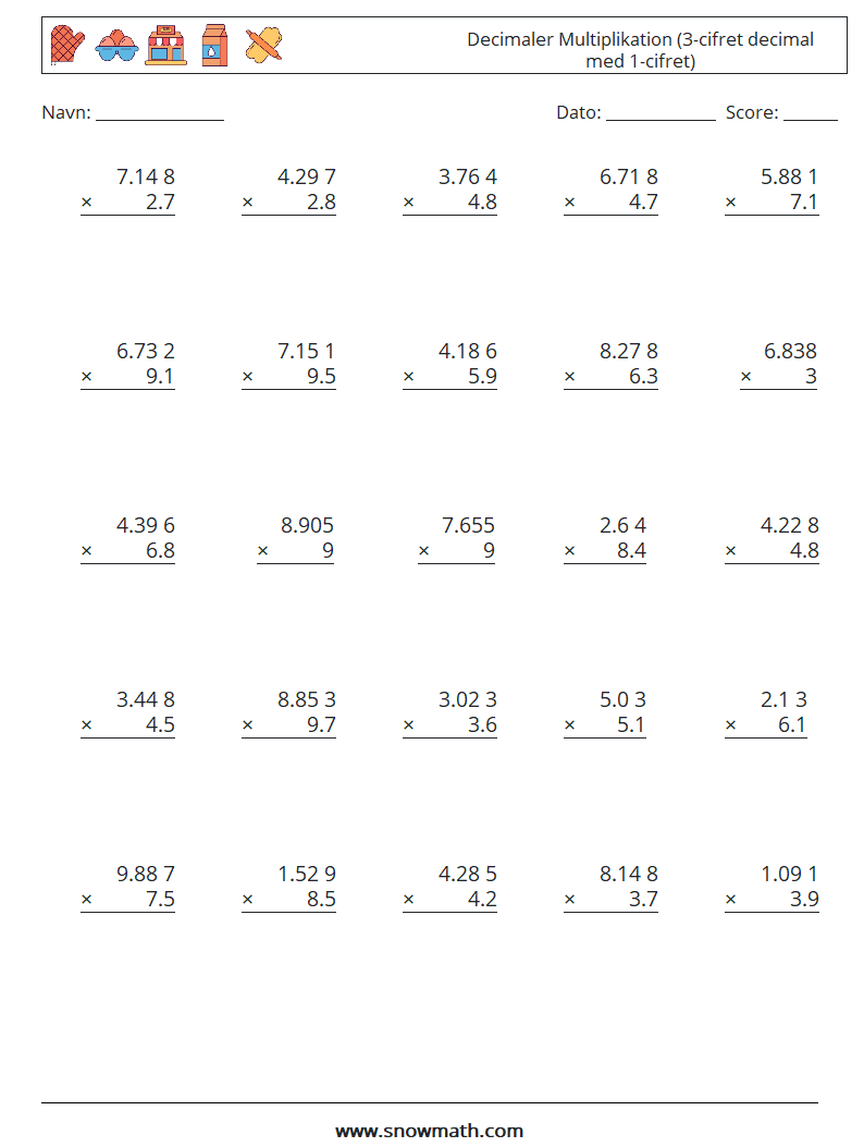 (25) Decimaler Multiplikation (3-cifret decimal med 1-cifret) Matematiske regneark 14