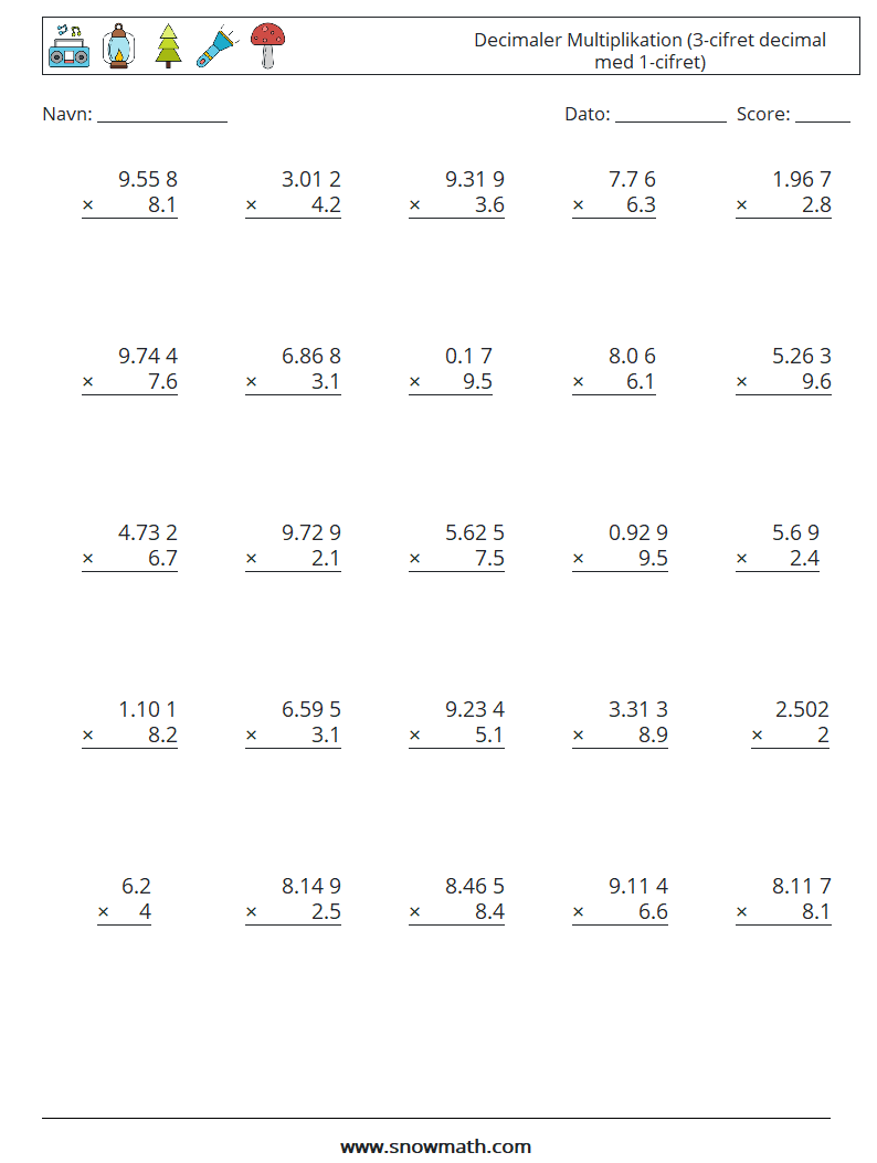 (25) Decimaler Multiplikation (3-cifret decimal med 1-cifret) Matematiske regneark 15
