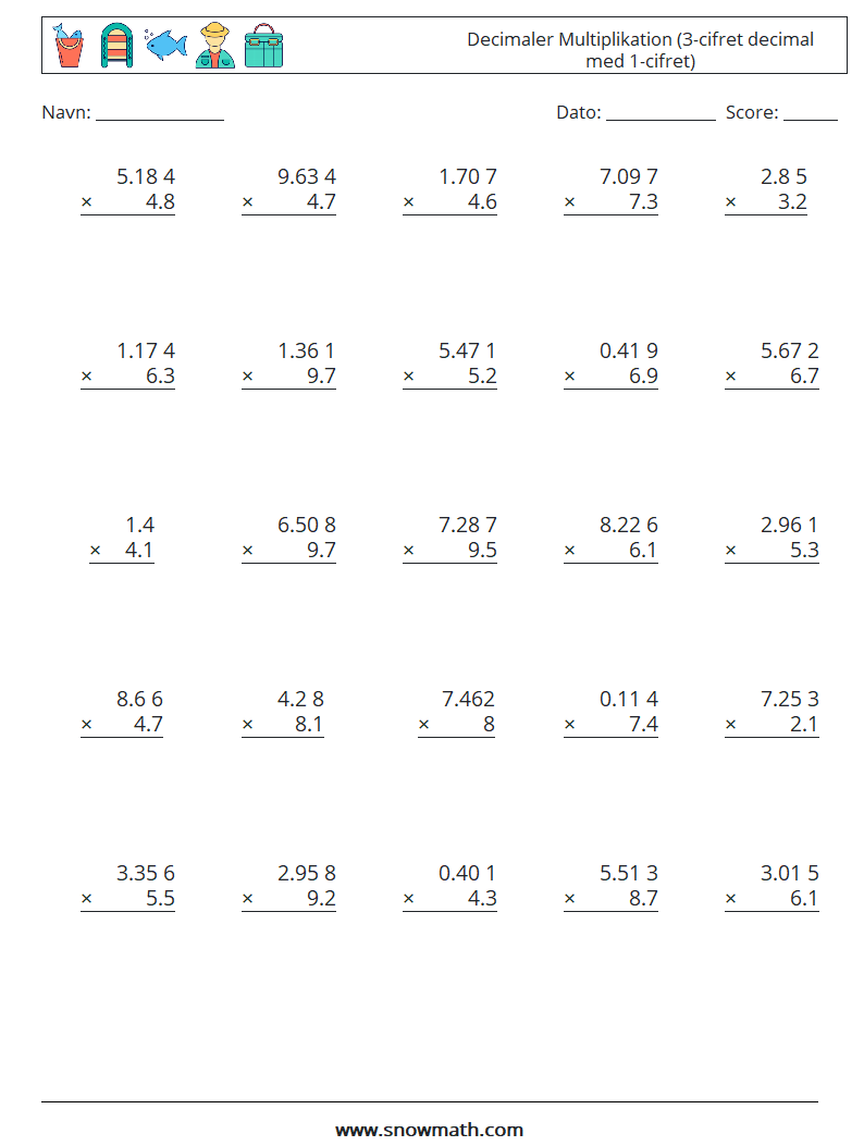 (25) Decimaler Multiplikation (3-cifret decimal med 1-cifret) Matematiske regneark 17