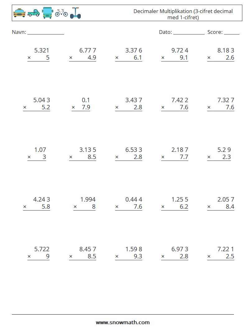 (25) Decimaler Multiplikation (3-cifret decimal med 1-cifret) Matematiske regneark 18