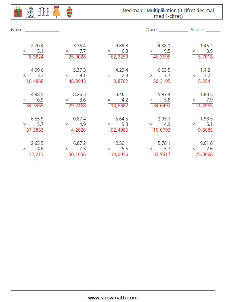 (25) Decimaler Multiplikation (3-cifret decimal med 1-cifret) Matematiske regneark 1 Spørgsmål, svar