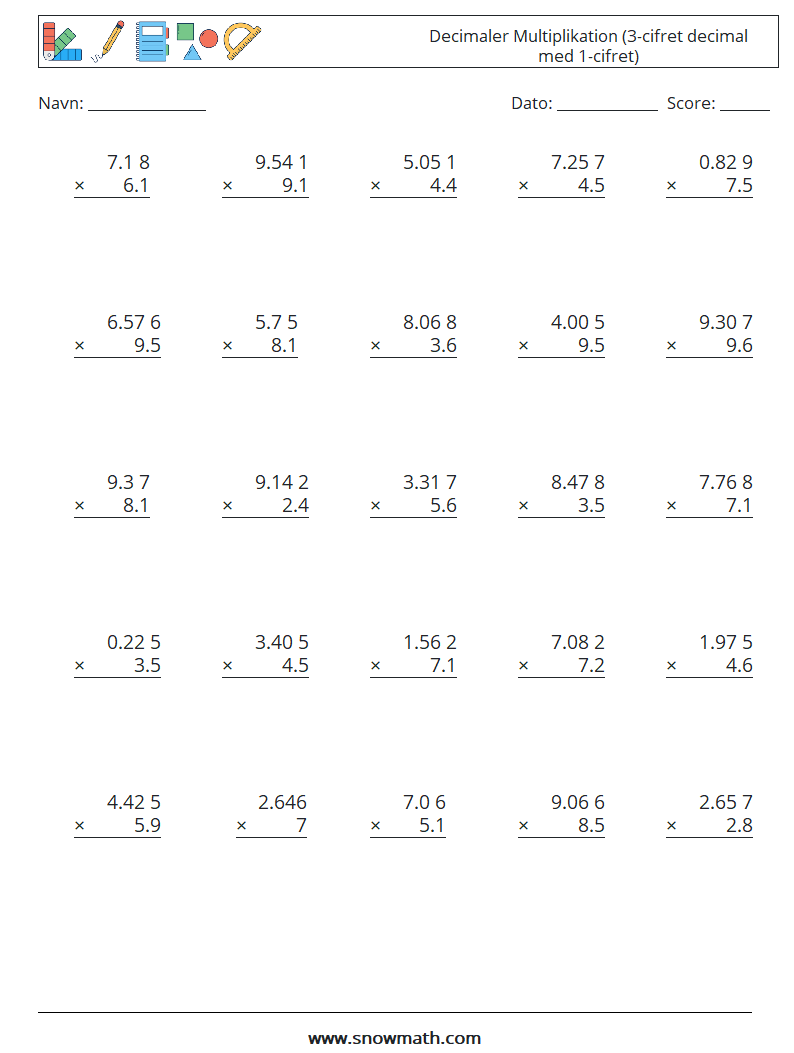(25) Decimaler Multiplikation (3-cifret decimal med 1-cifret) Matematiske regneark 2