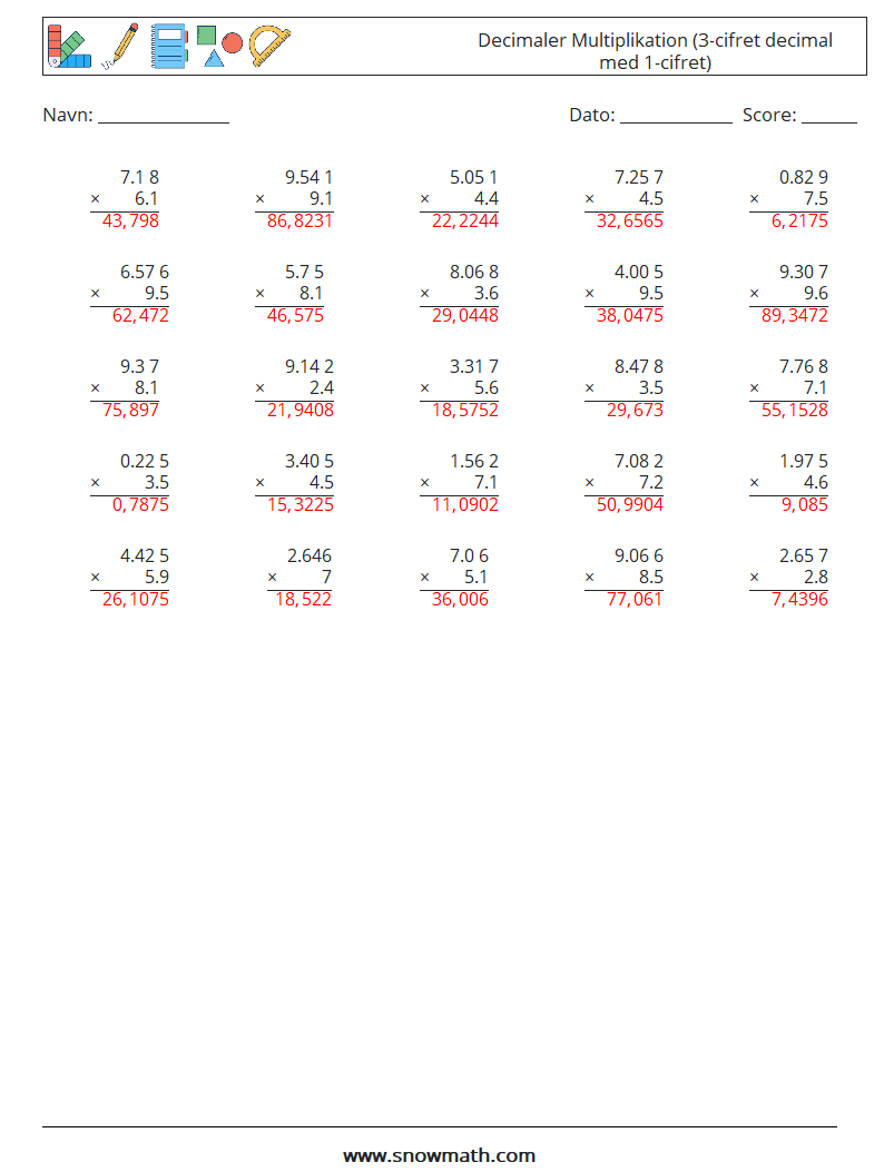 (25) Decimaler Multiplikation (3-cifret decimal med 1-cifret) Matematiske regneark 2 Spørgsmål, svar