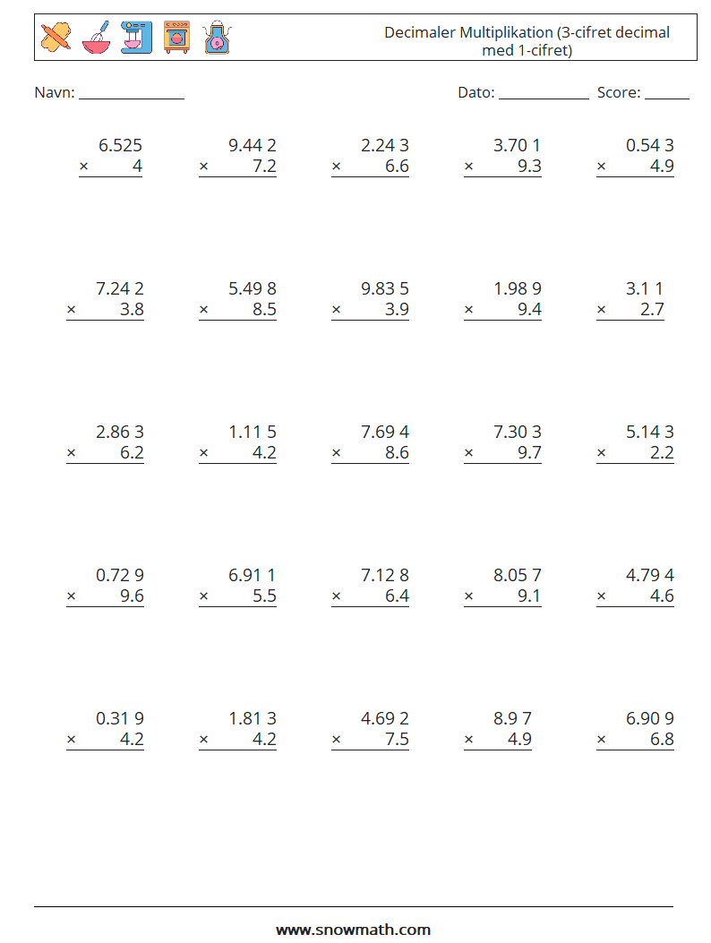 (25) Decimaler Multiplikation (3-cifret decimal med 1-cifret) Matematiske regneark 3