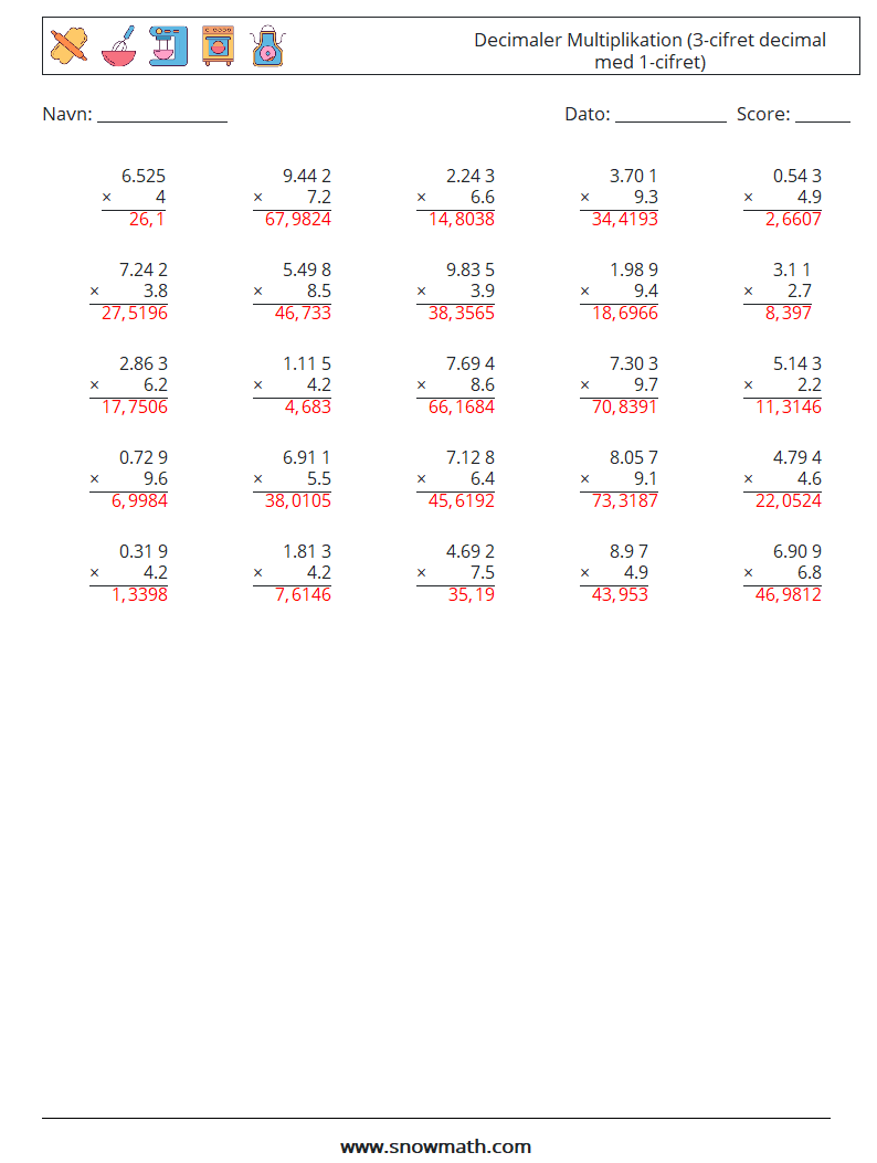 (25) Decimaler Multiplikation (3-cifret decimal med 1-cifret) Matematiske regneark 3 Spørgsmål, svar