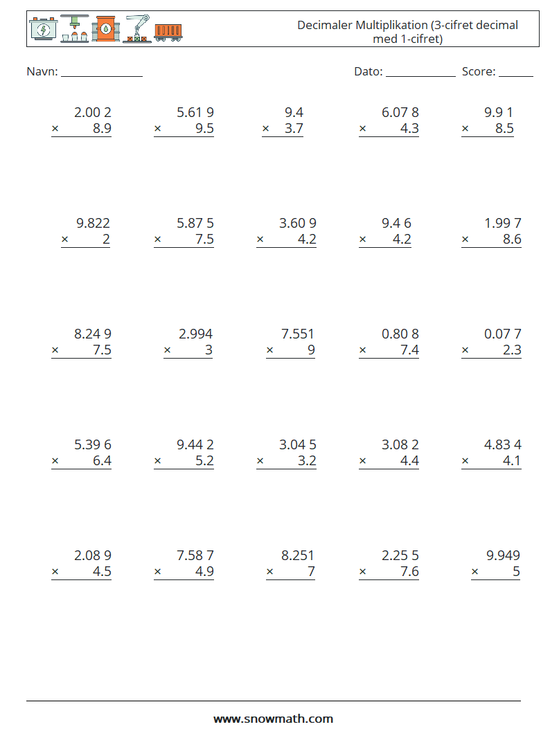 (25) Decimaler Multiplikation (3-cifret decimal med 1-cifret) Matematiske regneark 4
