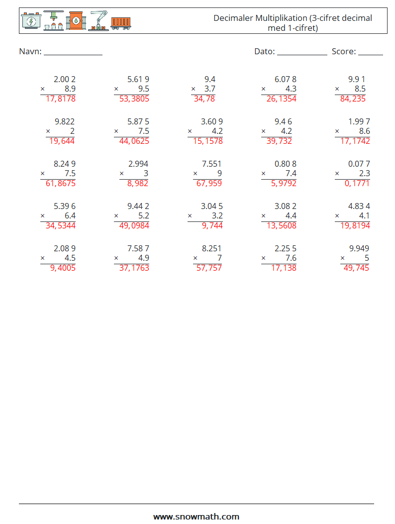 (25) Decimaler Multiplikation (3-cifret decimal med 1-cifret) Matematiske regneark 4 Spørgsmål, svar