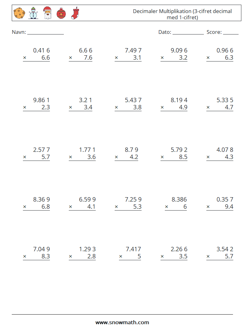(25) Decimaler Multiplikation (3-cifret decimal med 1-cifret) Matematiske regneark 5