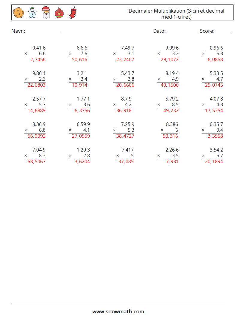 (25) Decimaler Multiplikation (3-cifret decimal med 1-cifret) Matematiske regneark 5 Spørgsmål, svar