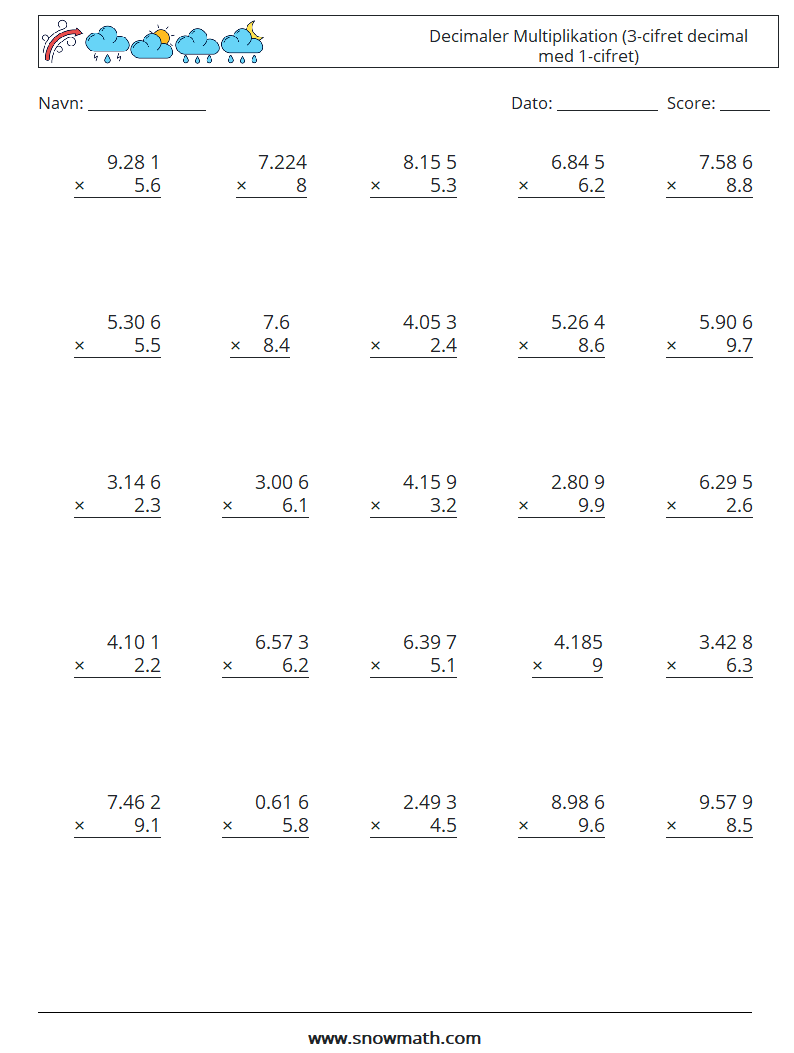 (25) Decimaler Multiplikation (3-cifret decimal med 1-cifret) Matematiske regneark 6