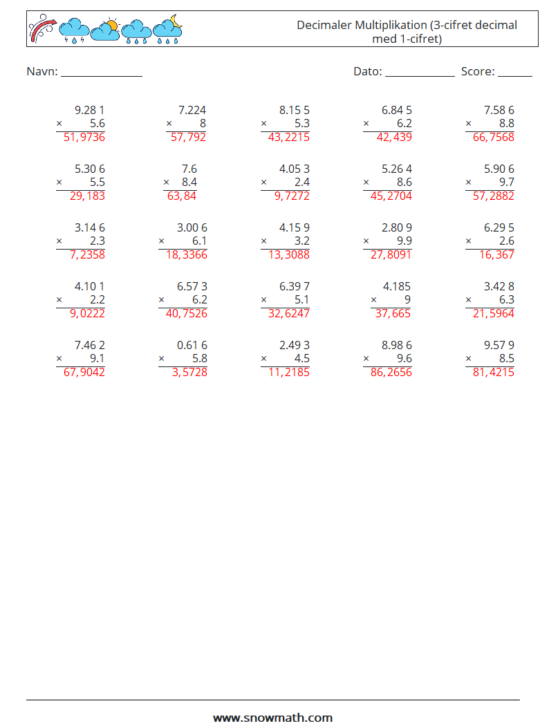 (25) Decimaler Multiplikation (3-cifret decimal med 1-cifret) Matematiske regneark 6 Spørgsmål, svar