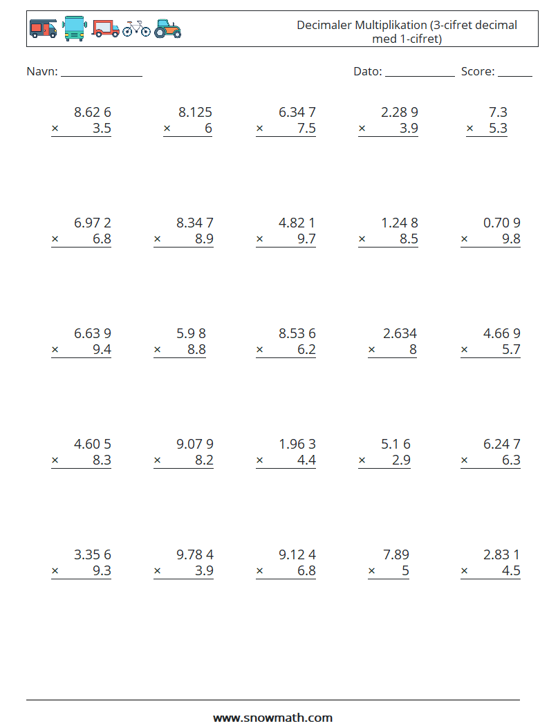 (25) Decimaler Multiplikation (3-cifret decimal med 1-cifret) Matematiske regneark 7