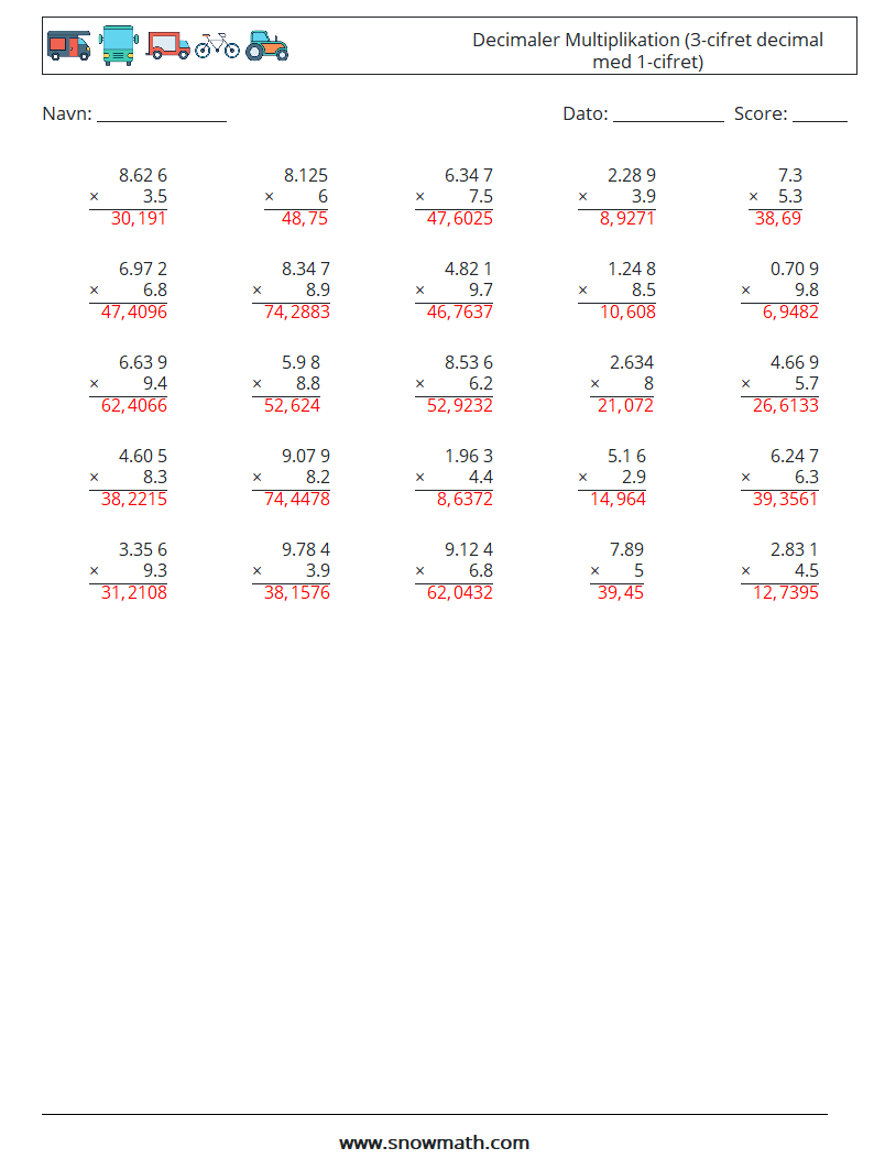 (25) Decimaler Multiplikation (3-cifret decimal med 1-cifret) Matematiske regneark 7 Spørgsmål, svar