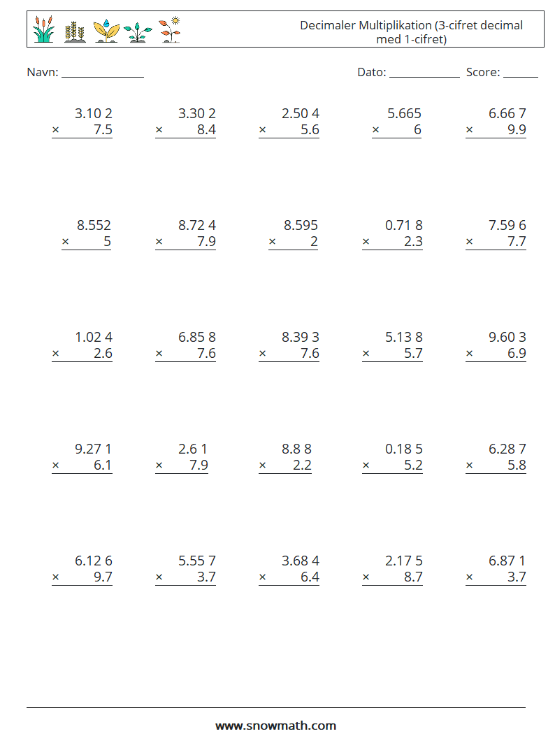 (25) Decimaler Multiplikation (3-cifret decimal med 1-cifret) Matematiske regneark 8