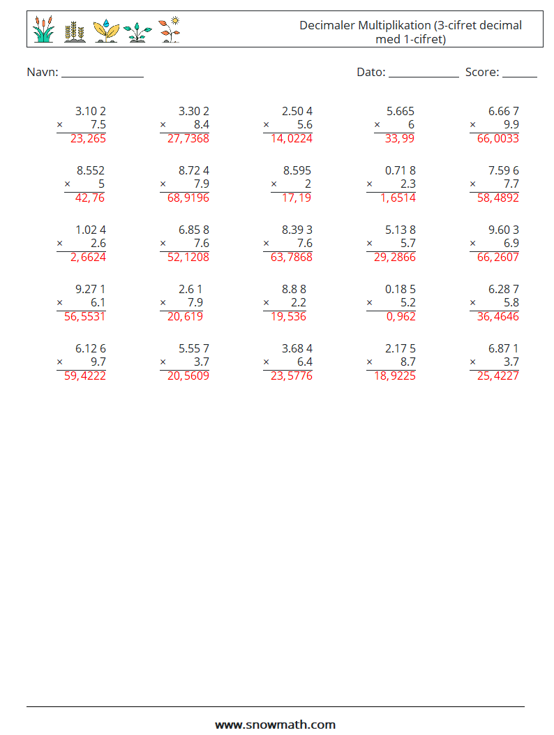 (25) Decimaler Multiplikation (3-cifret decimal med 1-cifret) Matematiske regneark 8 Spørgsmål, svar
