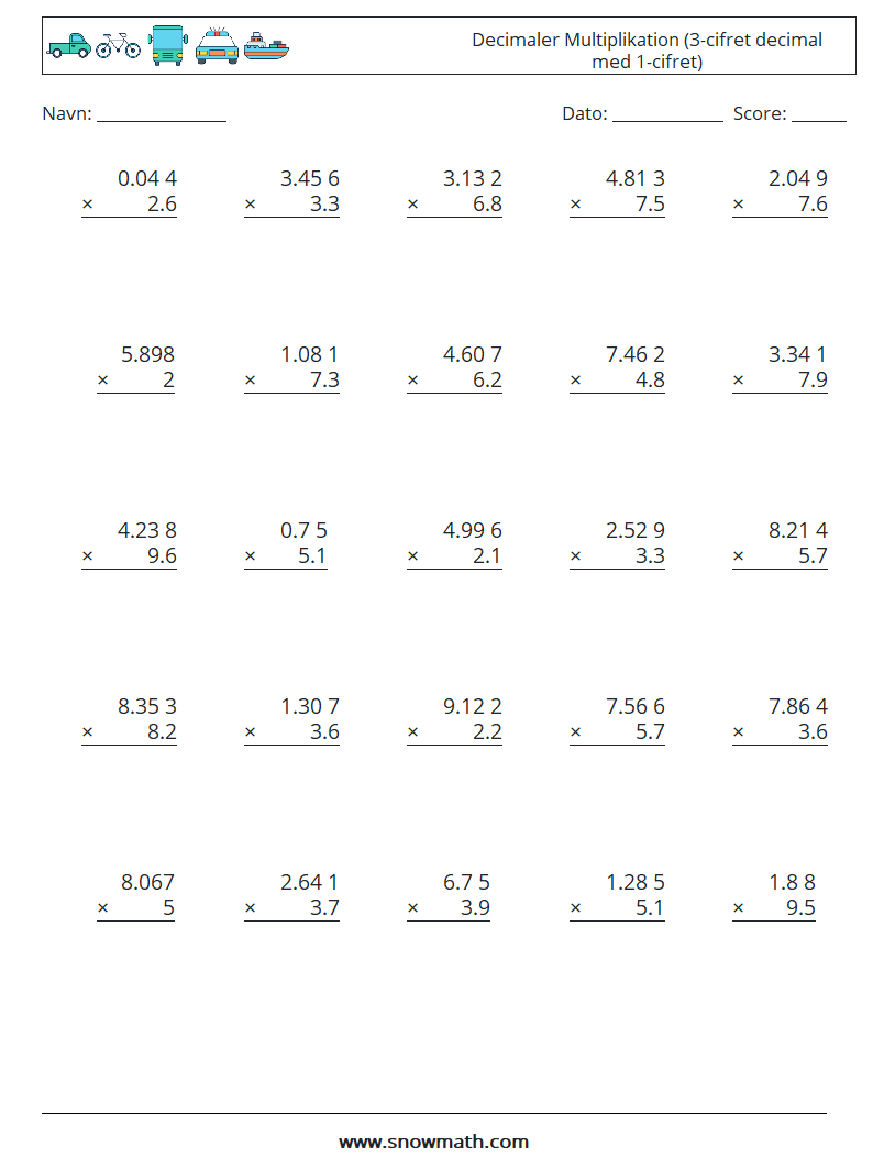 (25) Decimaler Multiplikation (3-cifret decimal med 1-cifret) Matematiske regneark 9