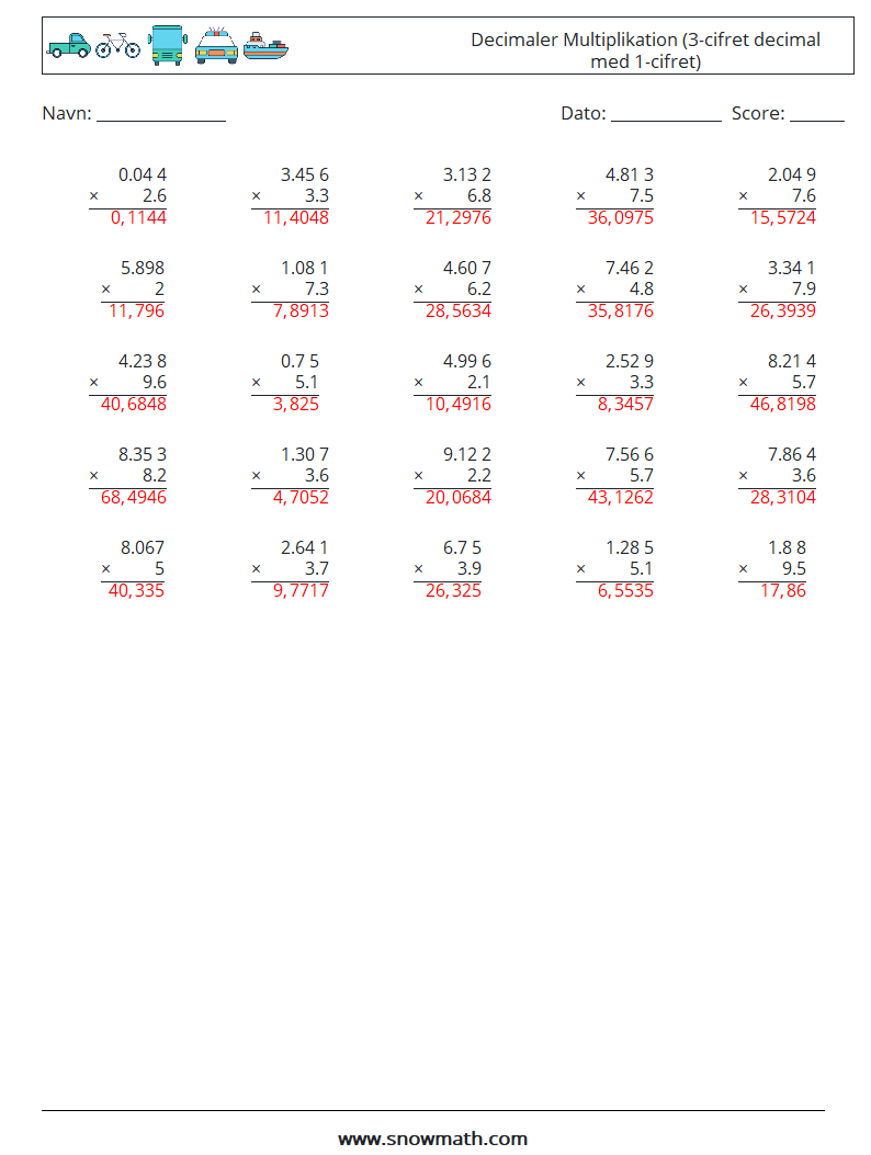 (25) Decimaler Multiplikation (3-cifret decimal med 1-cifret) Matematiske regneark 9 Spørgsmål, svar