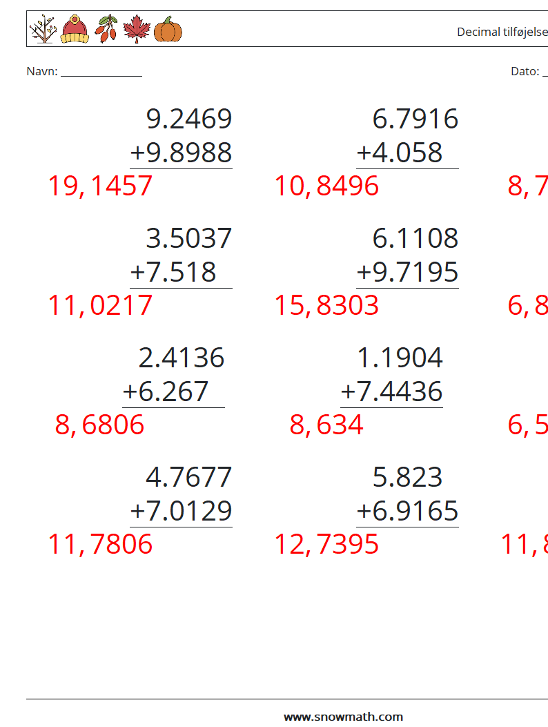 (12) Decimal tilføjelse (4 cifre) Matematiske regneark 10 Spørgsmål, svar