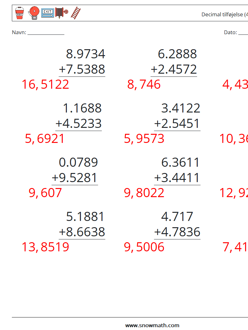 (12) Decimal tilføjelse (4 cifre) Matematiske regneark 11 Spørgsmål, svar