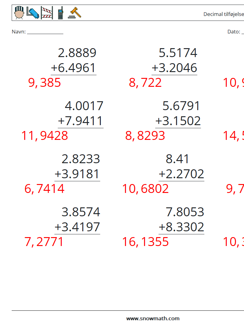 (12) Decimal tilføjelse (4 cifre) Matematiske regneark 15 Spørgsmål, svar