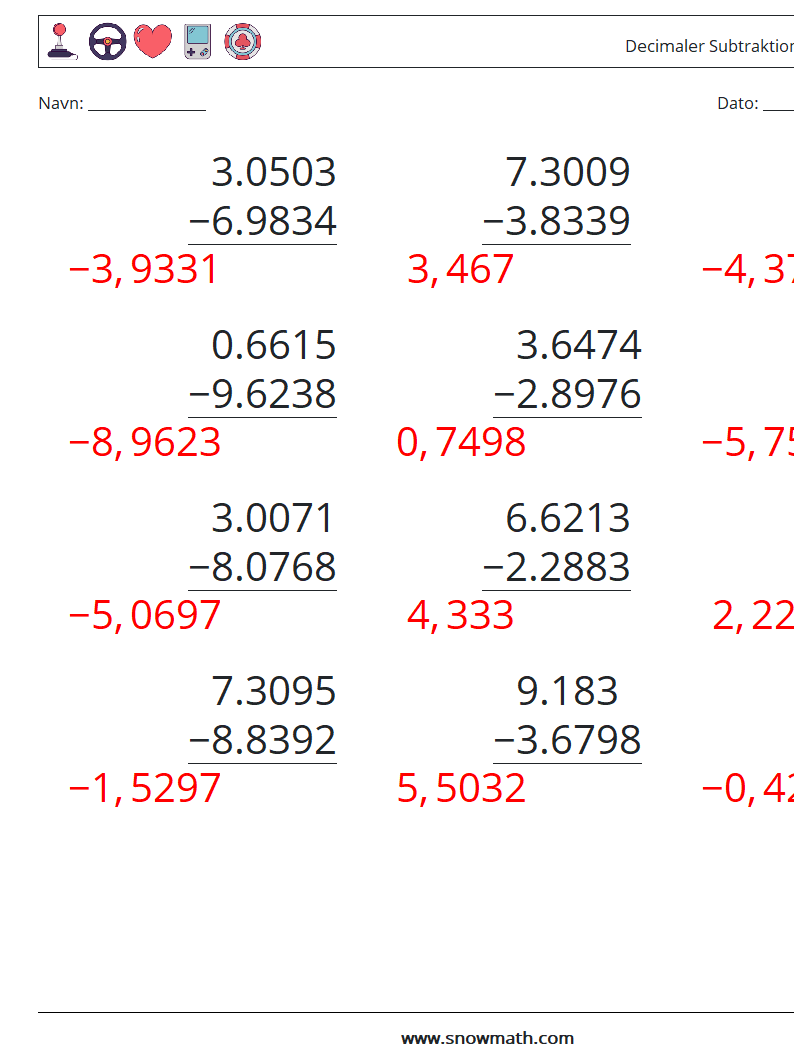 (12) Decimaler Subtraktion (4 cifre) Matematiske regneark 14 Spørgsmål, svar