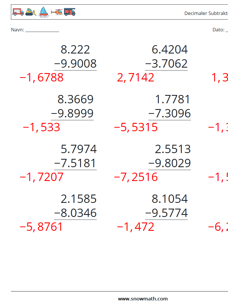 (12) Decimaler Subtraktion (4 cifre) Matematiske regneark 15 Spørgsmål, svar