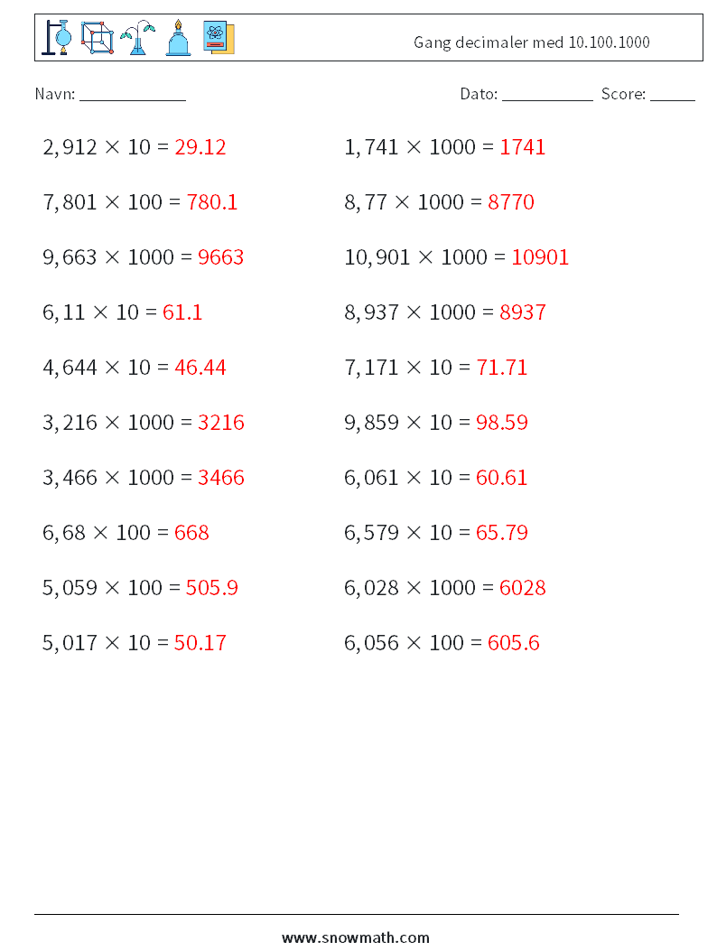 Gang decimaler med 10.100.1000 Matematiske regneark 16 Spørgsmål, svar