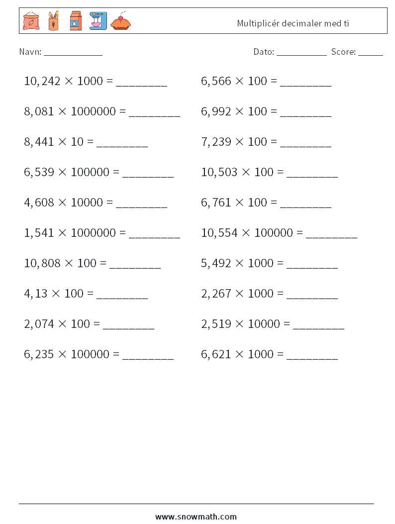 Multiplicér decimaler med ti Matematiske regneark 10