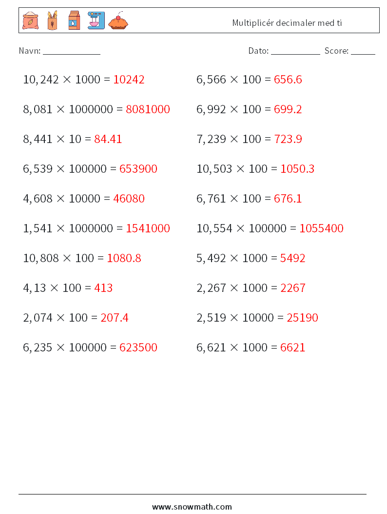 Multiplicér decimaler med ti Matematiske regneark 10 Spørgsmål, svar