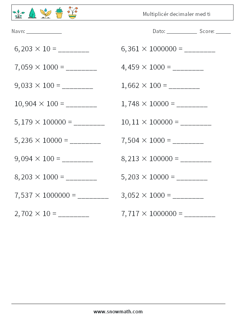Multiplicér decimaler med ti Matematiske regneark 11