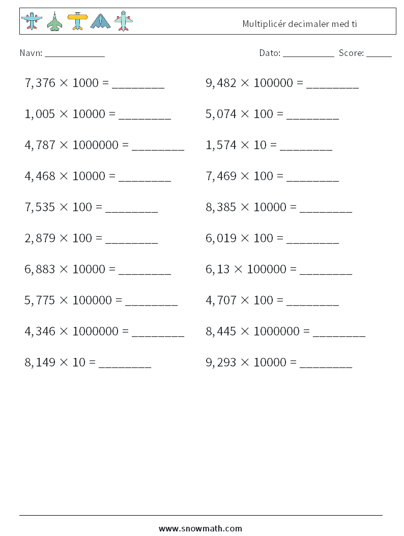 Multiplicér decimaler med ti Matematiske regneark 12